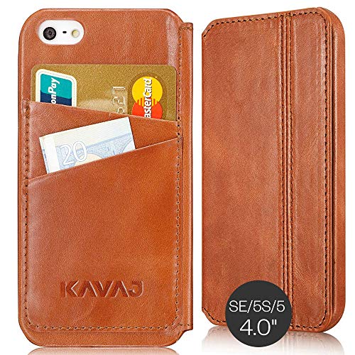 KAVAJ Lederhülle Dallas (Modell 2015)" geeignet für Apple iPhone SE, iPhone 5S, iPhone 5 Cognac-braun Ledertasche Case Hülle aus echtem Leder mit Visitenkartenfach. Dünne Tasche als edles Zubehör von KAVAJ