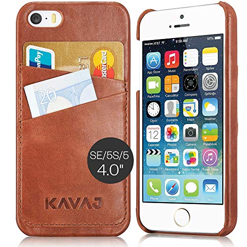 KAVAJ Lederhülle Tokyo geeignet für Apple iPhone SE, 5S & 5 Case Lederhülle Backcover Tasche Cognac braun aus echtem Leder mit Visitenkartenfach. Dünnes Backcover als edles Zubehör von KAVAJ