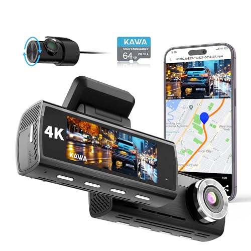 KAWA True 4K Dashcam Auto mit 64GB SD Karte, 2160P WiFi Dashcam Vorne und Hinten, Eingebautes GPS, 3.16'' IPS Bildschirm, Startlicht Nachtsicht-Loop-Aufnahme, Notaufnahme, 24Std. Park Modus,D8 von KAWA