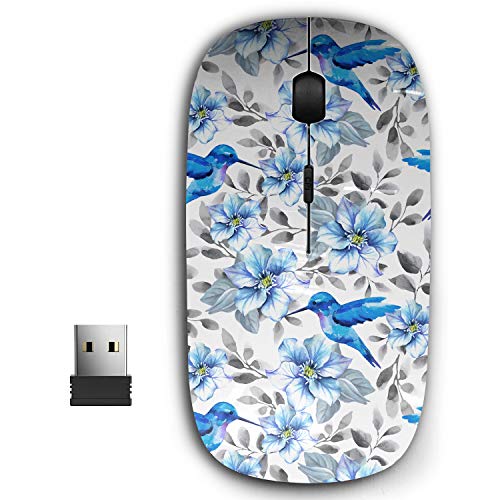 KAWAMOUSE 2,4 G Ergonomische, tragbare USB-Maus für PC, Laptop, Computer, Notebook mit Nano-Empfänger (Blume, blaue Blumen, Kolibri) von KAWAMOUSE