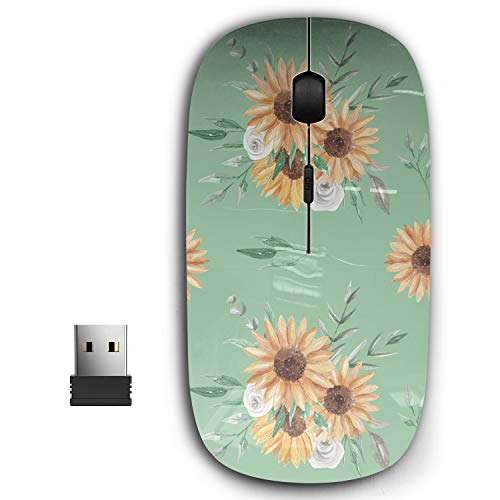 KAWAMOUSE 2,4 G Ergonomische, tragbare USB-Maus für PC, Laptop, Computer, Notebook mit Nano-Empfänger (Sonnenblumengrüne Blätter) von KAWAMOUSE