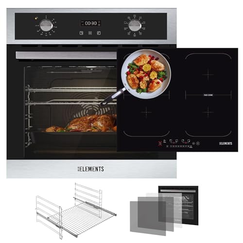 KB ELEMENTS Autarkes Herdset | 60cm Einbaubackofen | 59cm Induktionskochfeld | 9-Funktionen | 3-fach Wärmeschutzverglasung | Rotisserie-Funktion | Pizza-Funktion | EEK A+ (Schwarz) von KB ELEMENTS