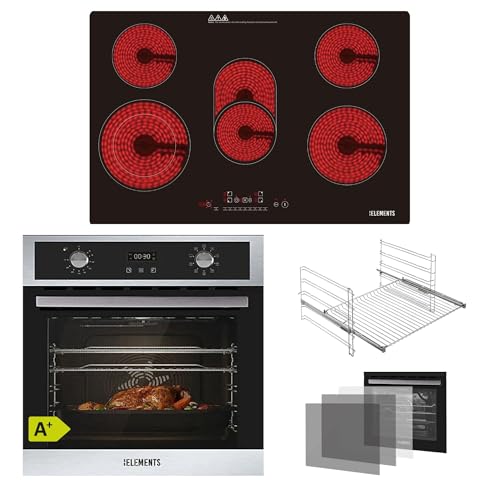 KB ELEMENTS Autarkes Herdset | 60cm Einbaubackofen 70 Liter | 59cm Glaskeramikkochfeld | 9-Funktionen | 3-fach Wärmeschutzverglasung | Rotisserie-Funktion | EEK A+ (Silber-Schwarz77cm) von KB ELEMENTS