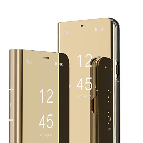 KBIKO-zxl Hülle für iPhone 14 Plus Cool Style Clear View Window Galvanisierter Ständer Kratzfeste Ganzkörper-Schutzhülle Flip Ultra Slim Cover für iPhone 14 Plus Flip Mirror Golden QH von KBIKO-zxl