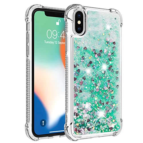 KBIKO-zxl Kompatibel mit Glitzer Hülle für iPhone XS Handyhülle Durchsichtig TPU Silikon Cover iPhone X/iPhone XS Erhöhte Kanten Flüssigkeit Treibsand Schutzhülle für iPhone X.Green YBL von KBIKO-zxl