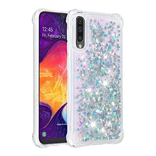 KBIKO-zxl Kompatibel mit Samsung Galaxy A50 Hülle, [Silver Back] Mädchen Glitzern Handyhülle Hülle mit Ringständer, Cover Silikon Flüssigkeit Clear Schutzhülle für Galaxy A30S.Silver YBL von TYCRALI