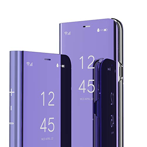 KBIKO-zxl Kompatibel mit Samsung Galaxy S10 Plus Lederhülle Clear View Make-up Spiegel Flip Cover mit Kickstand Stoßfeste Schutzhülle für Galaxy S10 Plus Spiegel Lila QH von KBIKO-zxl