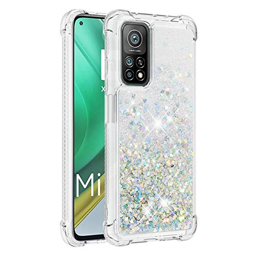 KBIKO-zxl Kompatibel mit Xiaomi Mi 10T Hülle, [Silver Back] Mädchen Glitzern Handyhülle Hülle mit Ringständer, Cover Silikon Flüssigkeit Clear Schutzhülle für Xiaomi Mi 10T Pro.Silver1 YBL von KBIKO-zxl