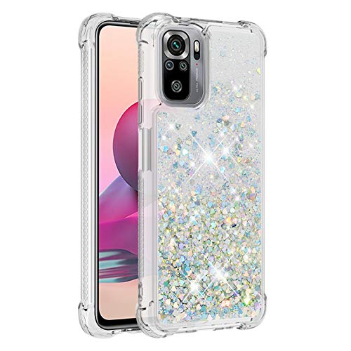 KBIKO-zxl Kompatibel mit Xiaomi Redmi Note 10 4G Hülle, [Silver Back] Mädchen Glitzern Handyhülle Hülle mit Ringständer, Cover Silikon Flüssigkeit Schutzhülle für Redmi Note 10S.Silver YBL von KBIKO-zxl