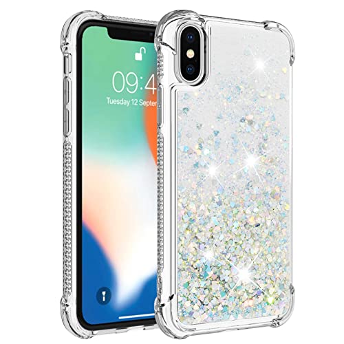 KBIKO-zxl Kompatibel mit iPhone X Hülle, [Silver Back] Mädchen Glitzern Handyhülle Hülle mit Ringständer, Cover Silikon Flüssigkeit Clear Schutzhülle für iPhone X/iPhone XS.Silver1 YBL von KBIKO-zxl