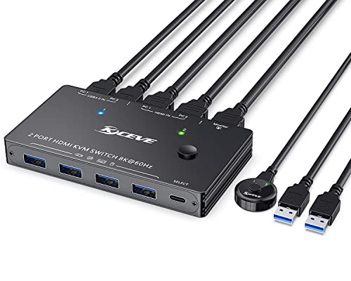 8K KVM HDMI Switch 2 Ports, KCEVE USB 3.0 KVM Switcher Box, Support 7680x4320@60Hz, 3840x2160@120Hz Resolution for 2 Computers Share Mouse Keyboard and Monitor von KCEVE