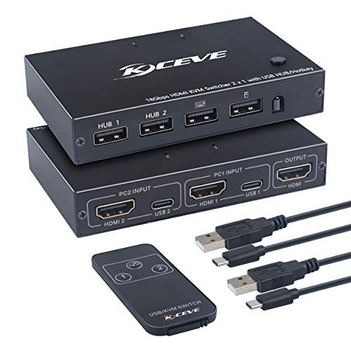KCEVE KVM Switch 2 Anschlüsse, USB HDMI-Schalter 2 Computer Tastatur Maus Umschalter Box Unterstützung 4K@60Hz für Laptop, PC, PS4, Xbox HDTV, Unterstützt Hotkey- und USB-HUB-Funktion von KCEVE