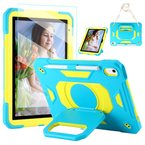 Schutzhülle für iPad (A16) 2025 11. Generation 10,9 Zoll, iPad 10. Generation 2022 10,9 Zoll, mit Displayschutzfolie aus gehärtetem Glas, robuste Kinderhülle mit Schultergurt, Stifthalter, klappbarer von KCJ