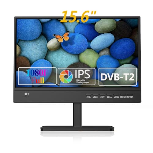 KCR 15,6-Zoll IPS 720P Freeview Kabel TV,HDTV DVB-T2 Tuner,AV Eingang,HDMI/VGA PC Monitor,USB Slot,Fernbedienung,Auto (12 Volt) oder Netzstrom von KCR