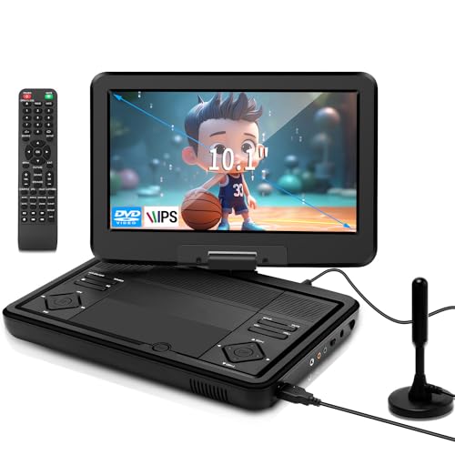 KCR Tragbarer DVD-Player, 25,7 cm (10,1 Zoll), eingebauter Fernseher DVB-T2 mit schwenkbarem LED-Bildschirm und/oder USB/HDMI/AV, wiederaufladbarer Akku und Dual-Stereo-Lautsprecher, kleiner Fernseher von KCR