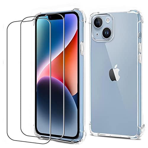 3-in-1 für iPhone 14 Hülle mit 2Stück Schutzfolie,iPhone14 Handyhülle + Displayschutz,Dünne Weiche TPU Silikon Transparent Stoßfest Handy Schutzhülle Kratzfest Durchsichtig Klar Case Cover,6,1 Zoll von KCgrape