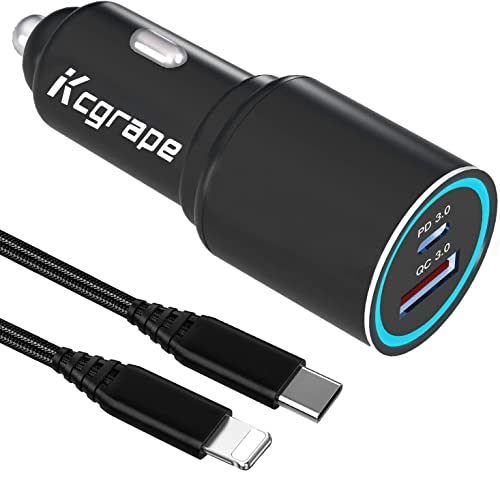 48W Auto Ladegerät USB C PD 30W & USB A QC 3.0 18W mit Kabel für iPhone 14/14 Pro/14 Pro Max/13/13 Pro/13 Mini/14 Plus/12/12 Pro/11/SE 2022 2020/XR XS X/XS Max/7 8 6S,Kfz Zigarettenanzünder Adapter von KCgrape