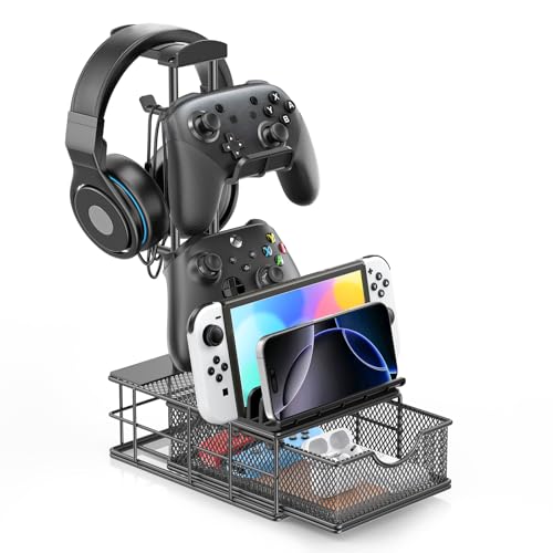 KDD Headset Halterung mit Schublade - Gaming Headset Ständer für den Schreibtisch - Aluminium Kopfhörer Ständer mit Kabel Organizer - Universal Controller Halter für Gaming PC-Zubehör Lagerung von KDD