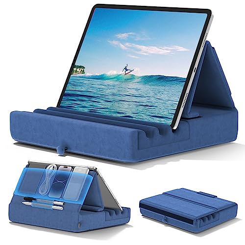 KDD Tablet Halter Kissen, Faltbarer iPad Ständer für Schoß Bett Schreibtisch - Tablet Weicher Kissenhalter mit Tasche & Stylus Halterung für iPad Pro 12.9 10.5 9.7 Air Mini 6 5 4 E-Reader Blau von KDD