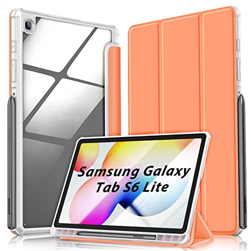 Kdely Hülle Kompatibel mit Samsung Galaxy Tab S6 Lite 10,4 Zoll 2022/2020 mit Stifthalter, Ultradünne Case Auto Schlafen/Wachen Transluzent Smart Schutzhülle - Orange von KDELY