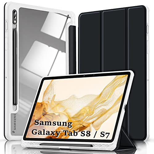 Kdely Hülle Kompatibel mit Samsung Galaxy Tab S8/S7 11 Zoll Transparent Schutzhülle mit Stifthalter Ultra Dünn Case mit Auto aufwachen/Schlaf Funktion - Schwarze von KDELY