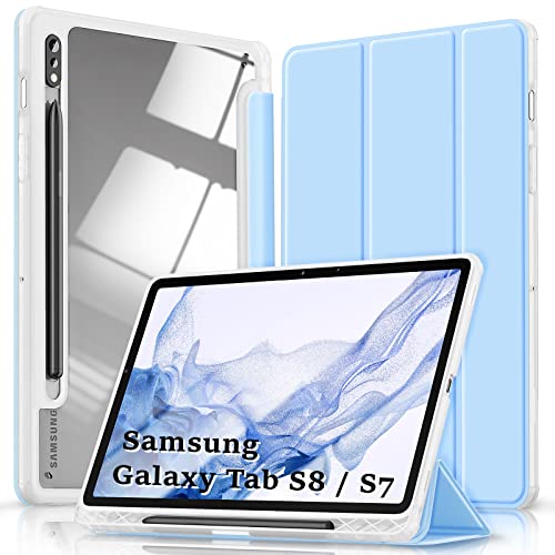 Kdely Hülle Kompatibel mit Samsung Galaxy Tab S8 / S7 11 Zoll Transparent Schutzhülle mit Stifthalter Ultra Dünn Case mit Auto aufwachen/Schlaf Funktion - Hellblau von KDELY