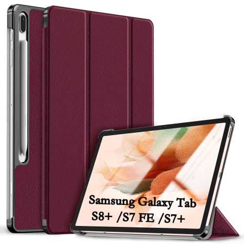 Kdely Hülle für Samsung Galaxy Tab S8+ /S7 FE /S7+ 12.4 Zoll Cover Ultra Dünn Schutzhülle Case mit Standfunktion Auto Schlafen/Wachen Funktion - Rotwein von KDELY