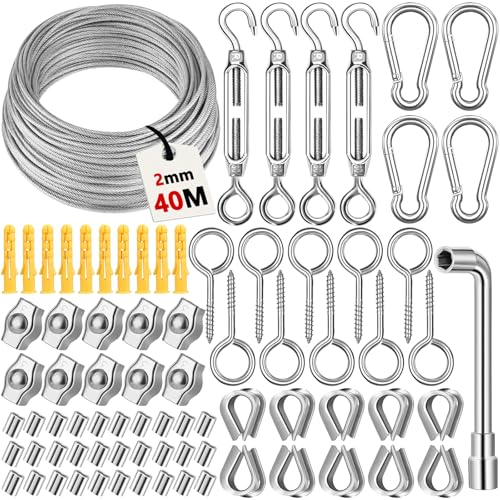 KDISHKRA 40M Edelstahl Drahtseil Set 2mm mit Seilspanner – Stahlseil Spannsystem für Lichterketten, Rankhilfe, Sonnensegel, Vorhang, Zaun, Wäscheleine, Garten & Balkon Befestigung von KDISHKRA