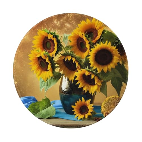 Runde Mauspads mit Sonnenblumen-Vase, 20 cm, rutschfest, für Gaming, Büro und Zuhause, mit kleiner Größe und glatter Oberfläche von KDKJEDPEAF