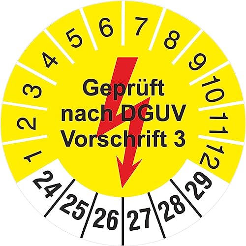100 Prüfetiketten 30 mm Geprüft nach DGUV Vorschrift 3 gelb mit Blitz 2024-2029 Prüfplakette von KDS