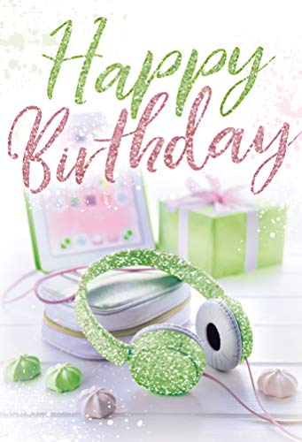 Geburtstag, Geburtstagskarte, Karte mit Glitzer, B6 im Format DIN B6 176 x 125 mm, Klappkarte inkl. Umschlag, Motiv: Kopfhörer von KE