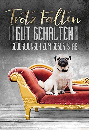 Glückwunschkarte zum Geburtstag | Lustige Geburtstagskarte mit Mops | Geburtskarten Set mit Umschlag | DIN B6 | 17,1 x 11,7cm | Klappkarte von KE