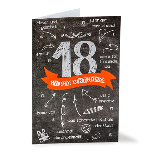 KE - 18. Geburtstagskarte, Glückwunschkarte zur Volljährigkeit, DIN A6 Format, inklusive Umschlag, Geschenk für Erwachsenwerdende - Motiv: Allgemein von KE