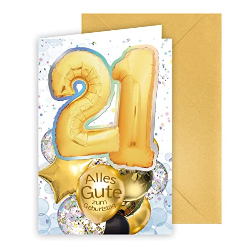 KE - 21. Geburtstag Luxus Karte mit Umschlag, DIN B6, Goldene Jubiläumszahl, Geschenk für Erwachsene, Motiv: gold von KE