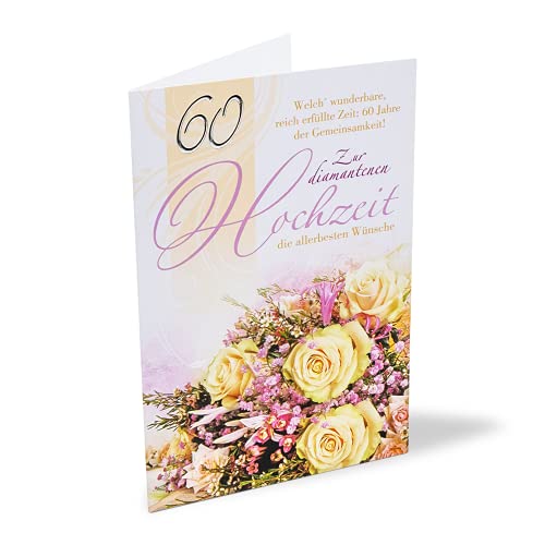 KE - Diamant-Hochzeit Karte mit Umschlag, 60 Jahre Ehe Jubiläum, Klapp-Karte DIN B6, Perfekt für 60. Hochzeits-Tag - Motiv: Rosen von KE