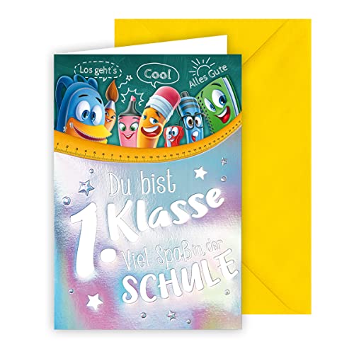 KE - Exklusive Einschulungskarte mit hochwertiger Folienprägung, B6 Format 17,0 x 11,5 cm, inklusive passendem Umschlag, Design: Farbenfrohe Stifte-Motiv KE - Exklusive Einschulungskarte mit hochwertiger Folienprägung, B6 Format 17,0 x 11,5 cm, inklusive passendem Umschlag, Design: Farbenfrohe Stifte-Motiv von KE
