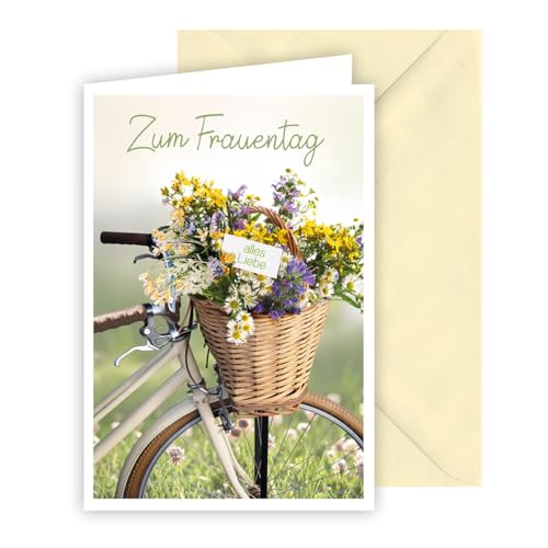 KE - Frauentag Glückwunschkarte, inkl. Umschlag, Frauentagskarte, Frauentag Karte, DIN B6 Format, Motiv: Fahrrad mit Blumenkorb von KE