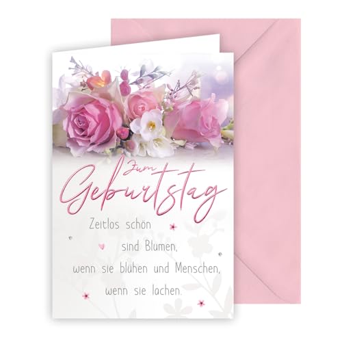 KE - Geburtstagskarte für Frauen, Glückwunschkarte, Schrift mit rosaner Folie geprägt, inkl. Umschlag, DIN B6 Format, weiß, Motiv: Zeitlos von KE