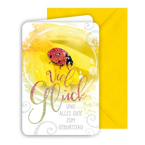 KE - Geburtstagskarte für Männer und Frauen, Glückwunschkarte mit abgerundeten Ecken, inkl. Umschlag, DIN B6 Format, gelb, Motiv: Marienkäfer von KE