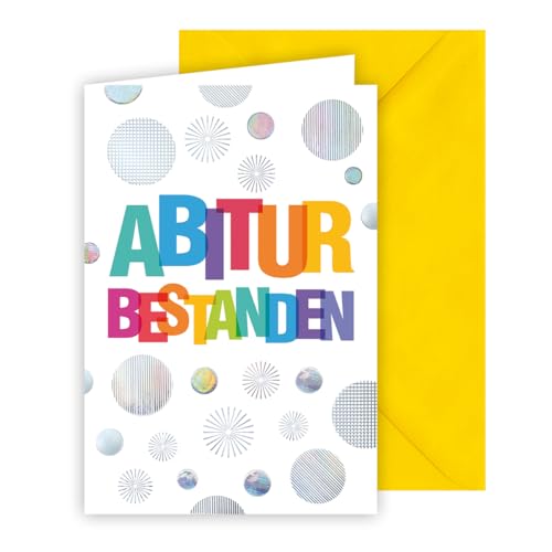 KE - Glückwunschkarte zum Abitur, für Jungen und Mädchen, Karte zum bestandenen Abitur Abi, Schrift mit silberner Folie geprägt, inkl. Umschlag, DIN B6 Format, gelb, Motiv: bunte Schrift von KE