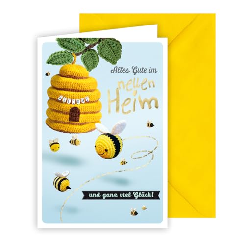KE - Glückwunschkarte zum Umzug, inkl. Umschlag, DIN B6 Format, Umzugsgrüße für neues Heim, gelb, Motiv: Bienenhaus und Bienen von KE