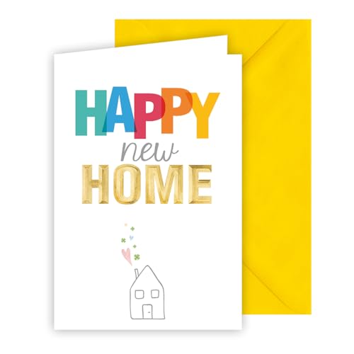 KE - Glückwunschkarte zum Umzug, inkl. Umschlag, DIN B6 Format, Umzugsgrüße für neues Heim, gelb, Motiv: bunte Schrift und kleines gezeichnetes Haus von KE