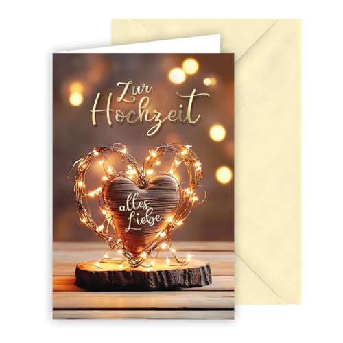 KE - Glückwunschkarte zur Hochzeit, Glückwunschkarte zur Hochzeit, Hochzeitskarte, Vermählung, inkl. Umschlag, DIN B6 Format, beige, Motiv: Herz mit Lichterkette auf Holzscheibe von KE