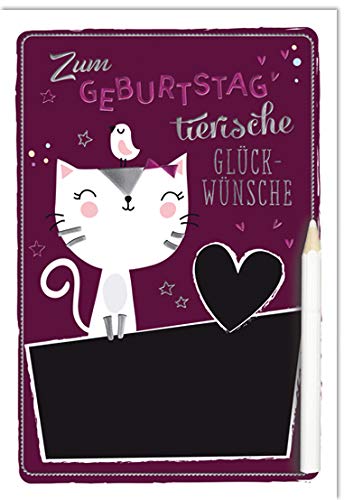 KE - Individuell Beschriftbare Geburtstagskarte mit Tafelfolie, 17x11.5 cm, Inklusive Umschlag, Coole und Einzigartige Designs - Motiv: Katze von KE