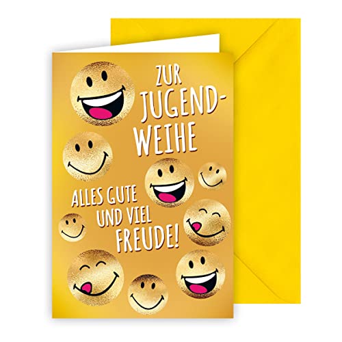 KE - Jugendweihe Glückwunschkarte für Jungen & Mädchen, B6 Format 176x125mm, inklusive Umschlag, hochwertiges Design - Motiv: Smiley von KE