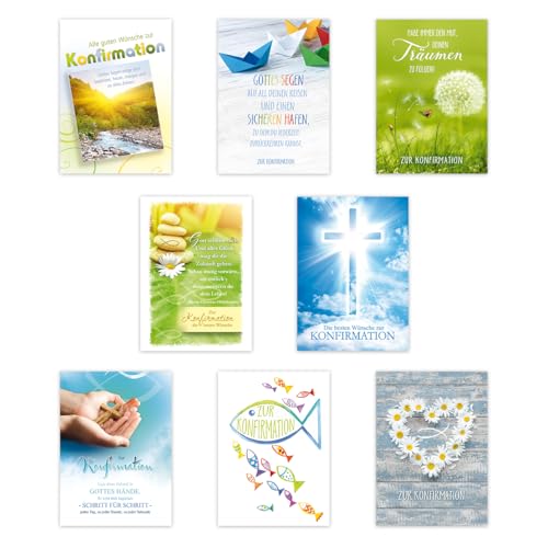 KE - Anspruchsvolles und vielfältiges Konfirmationskarten Set – 8 Glückwunschkarten zur Konfirmation mit 8 Motiven – Vorteilspack für feierliche Glückwünsche von KE