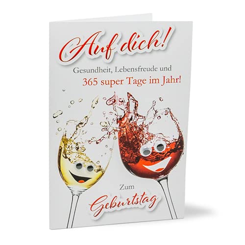 KE - Lustige Geburtstagskarte Set, Wackelaugen Design, DIN B6 176x125mm, Inklusive Umschlag, Perfekt als Überraschungsgeschenk | Motiv: Wein von KE