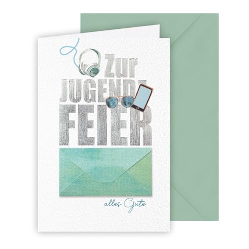 KE - Moderne Geldscheinkarte zur Jugendweihe, Kopfhörer, Handy, Sonnenbrille, mit Umschlag, eucalyptus, edler Strukturkarton, Umschlag außen geklebt, Format: B6 KE - Moderne Geldscheinkarte zur Jugendweihe, Kopfhörer, Handy, Sonnenbrille, mit Umschlag, eucalyptus, edler Strukturkarton, Umschlag außen geklebt, Format: B6 von KE