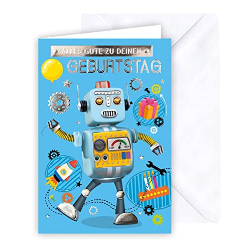 KE - Premium Geburtstagskarte für Kinder, DIN B6 Klappkarte inkl. Umschlag, Hochwertige und liebevoll gestaltete Karte zum Geburtstag - Motiv: Roboter von KE