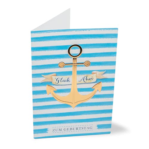KE - Premium Geburtstagskarte im Maritim-Stil, Glückwunsch-Karte mit Umschlag, Prägung & Klapp-Design, DIN B6 - Motiv: Strand, Wasser, Hafen, Anker von KE
